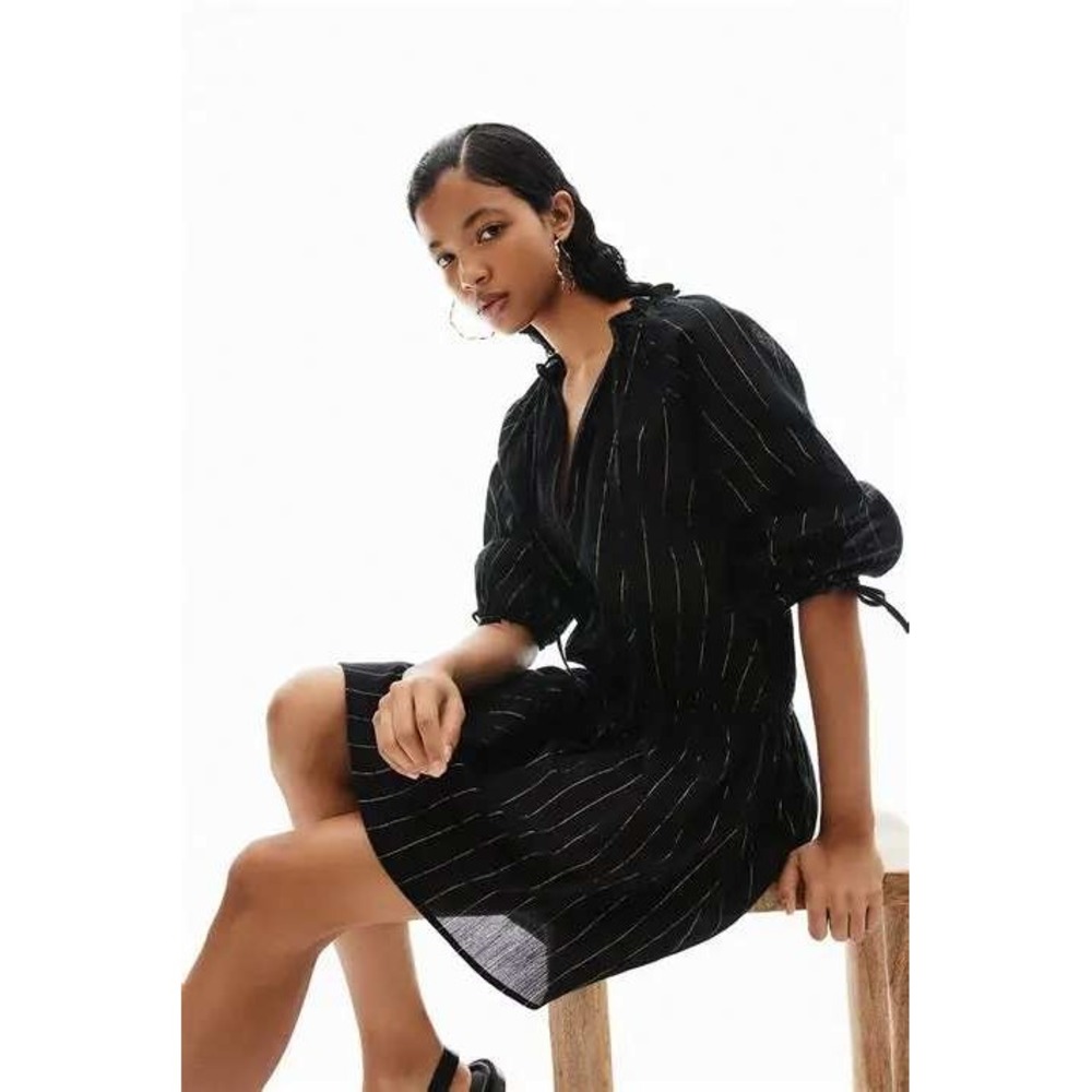 H&M Divided Black Gold Metallic Pinstripe Ruffle Puff Sleeve Mini Dress Size‎ L